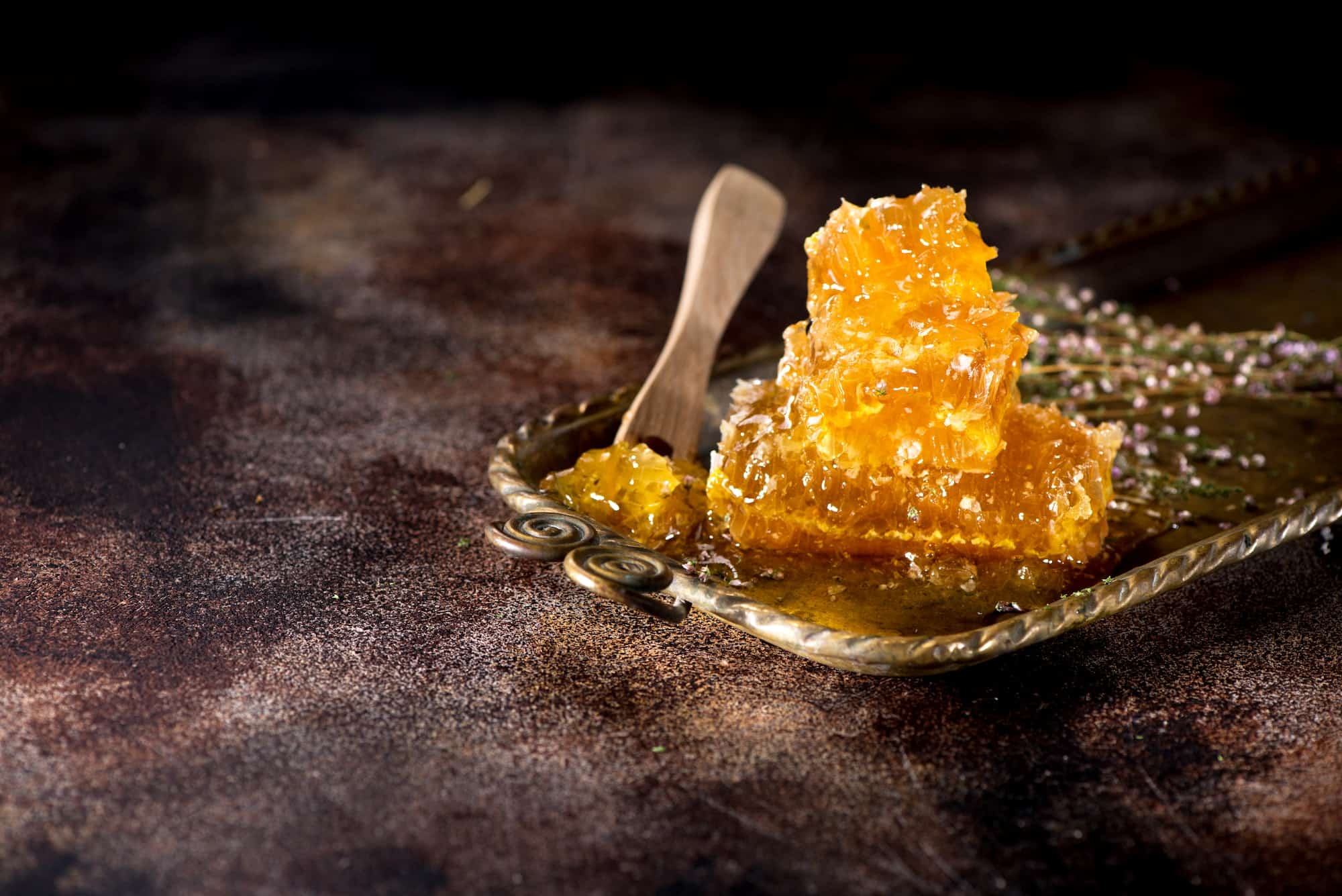 Honey comb and lavender flowers on a dark concrete background