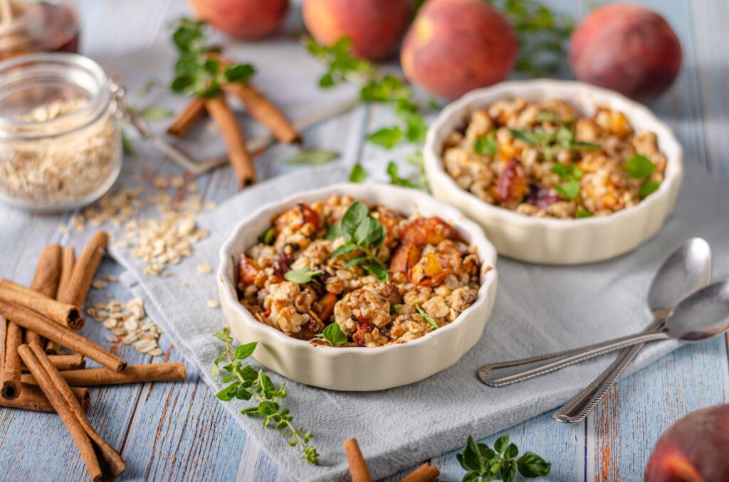 Baked oatmeal with fruit and maple syrup