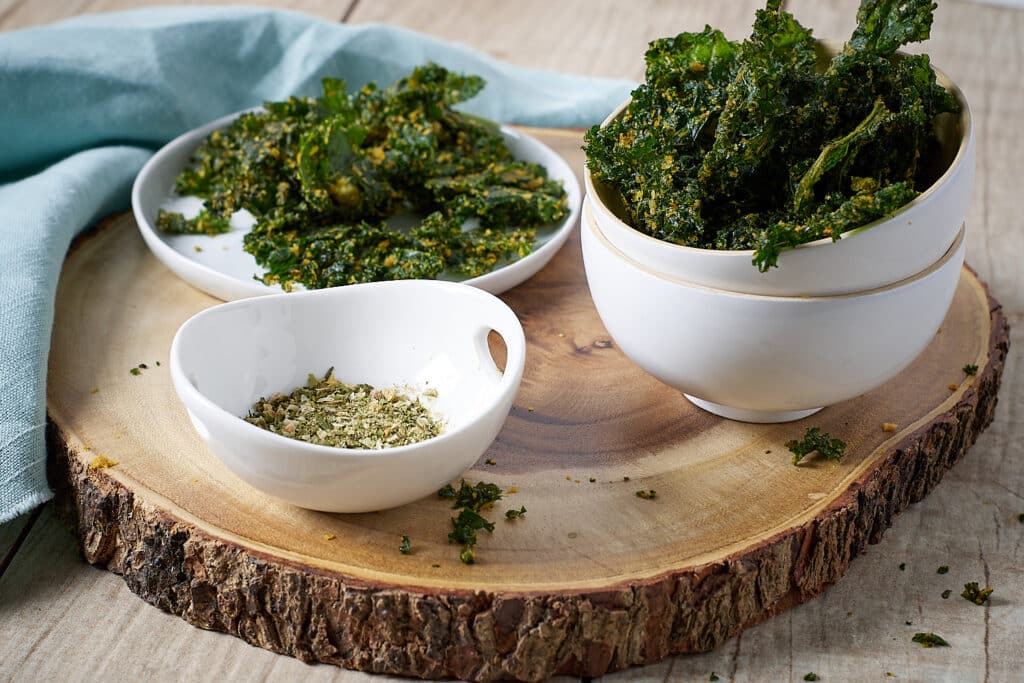 green goddess dehydrated kale chips with nutritional yeast