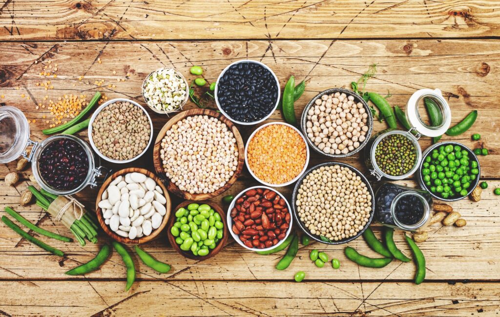 Legumes, beans and sprouts. Dried, raw and fresh, top view. Red beans, lentils, mung beans