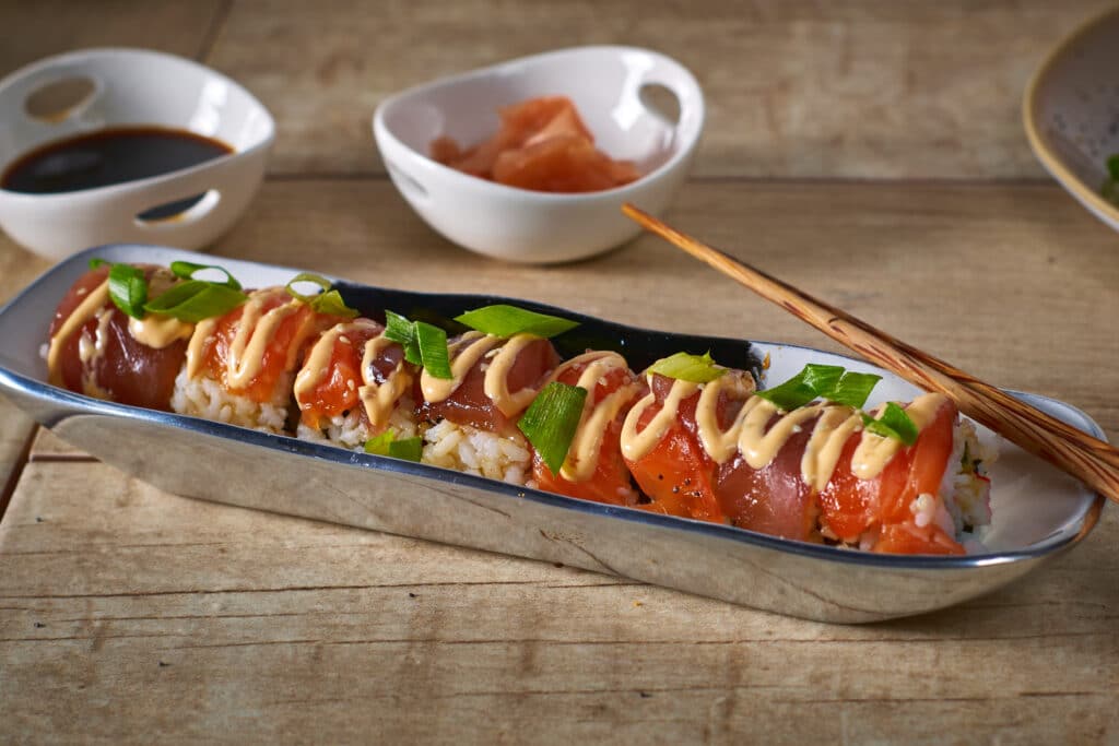homemade rainbow roll sushi