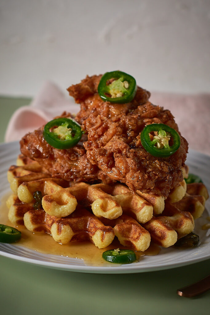Best Chicken and Waffles Recipe with Jalapeno Honey Butter Sauce