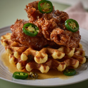 chicken and waffles recipe with jalapeno honey sauce