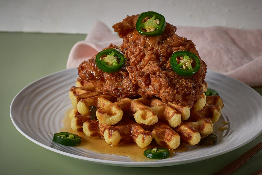Best Chicken and Waffles Recipe with Jalapeno Honey Butter Sauce