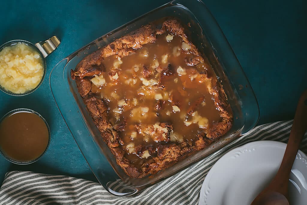 pineapple bread pudding with pineapple caramel sauce