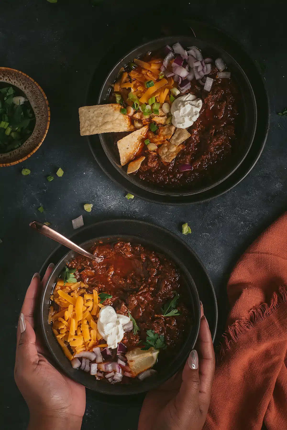 beef brisket chili with shredded smoked brisket slow-cooked deeply flavoured fall dinner served with cornbread