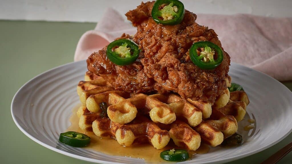 Chicken and Waffles with Jalapeno Honey Butter Sauce by Gimme from Scratch