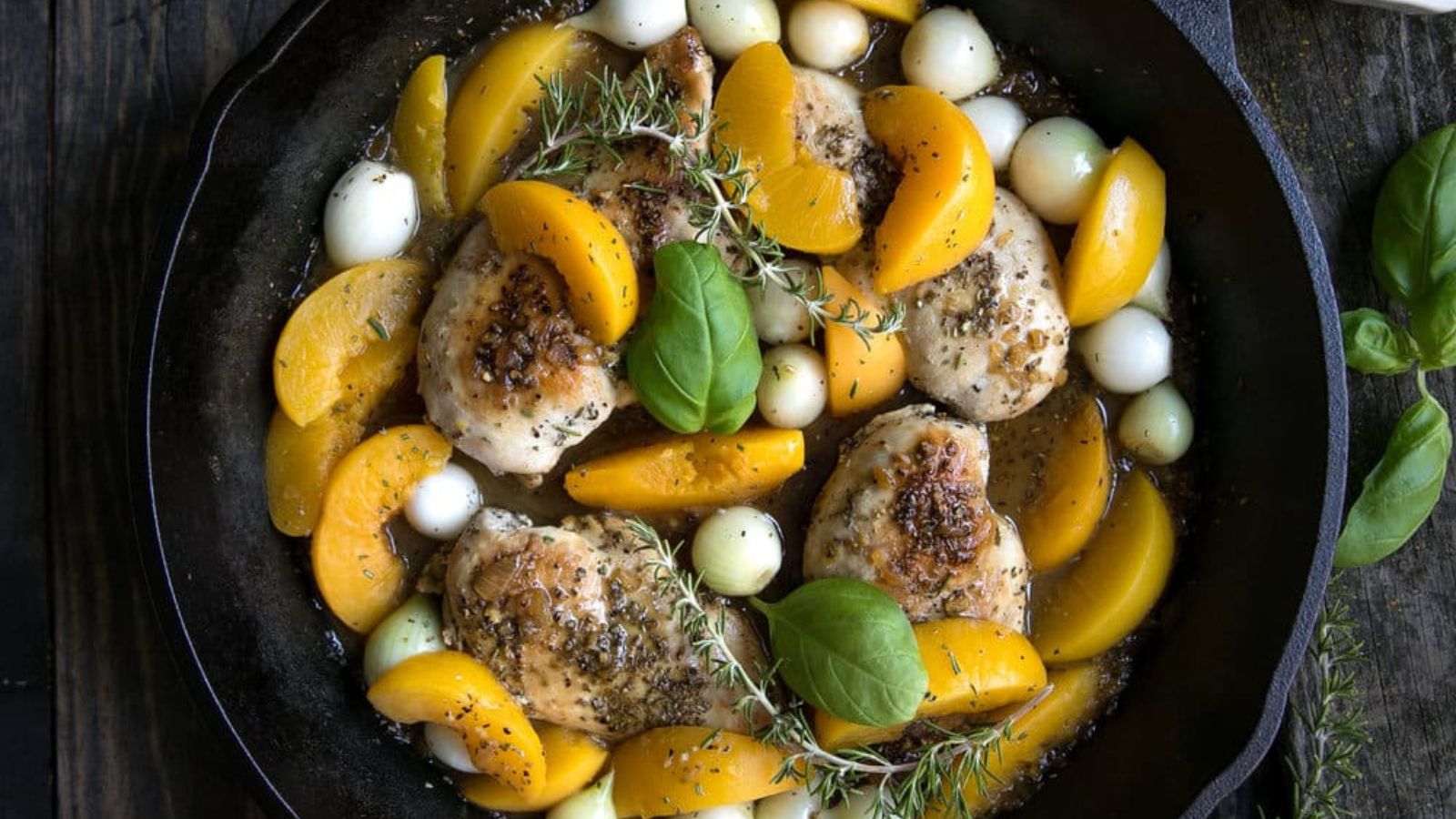 Peachy Keen Eats: 11 Savory Peach Recipes 30 Minute Peach and Chicken Skillet with Pearl Onions by The Forked Spoon
