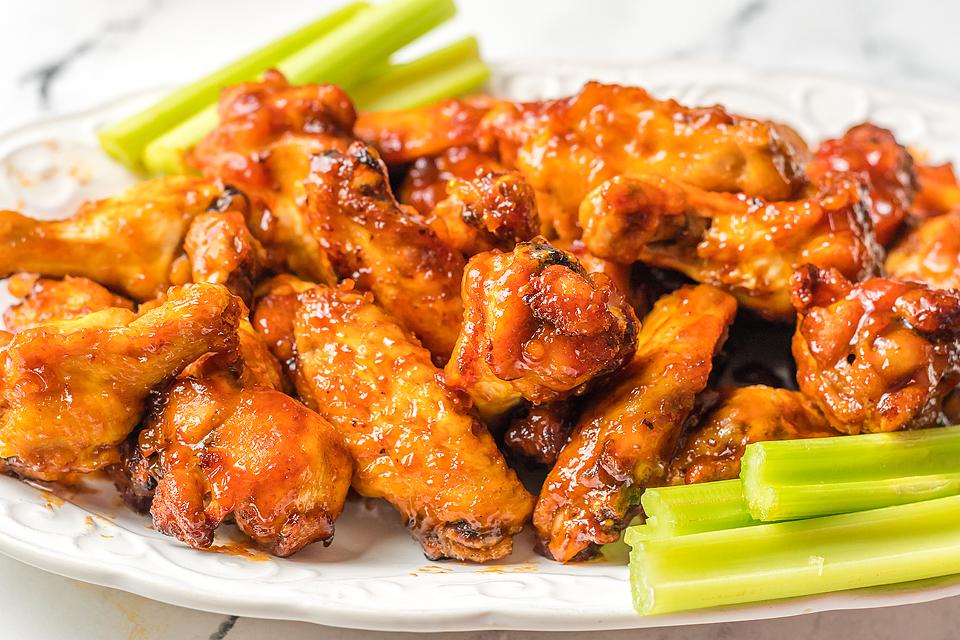 Peachy Keen Eats: 11 Savory Peach Recipes Air Fryer BBQ Peach Bourbon Wings by Xoxo Bella