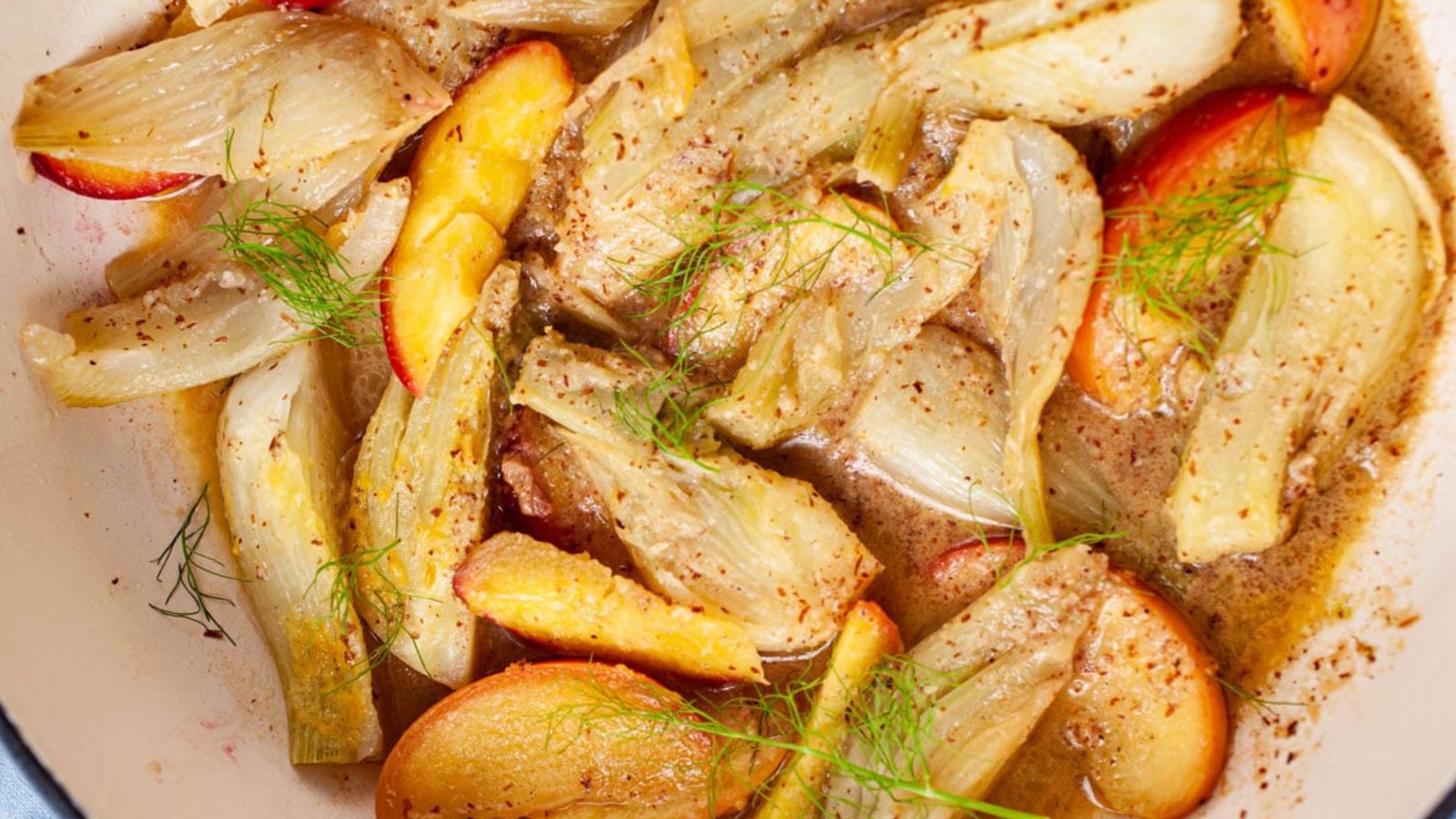 Peachy Keen Eats: 11 Savory Peach Recipes Braised Fennel with Peaches and Almonds by My Chef's Apron