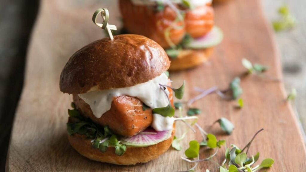 Small But Mighty: 21 Slider Recipes That Pack a Punch Salmon Sliders with Garlic Lemon Aioli by The Forked Spoon