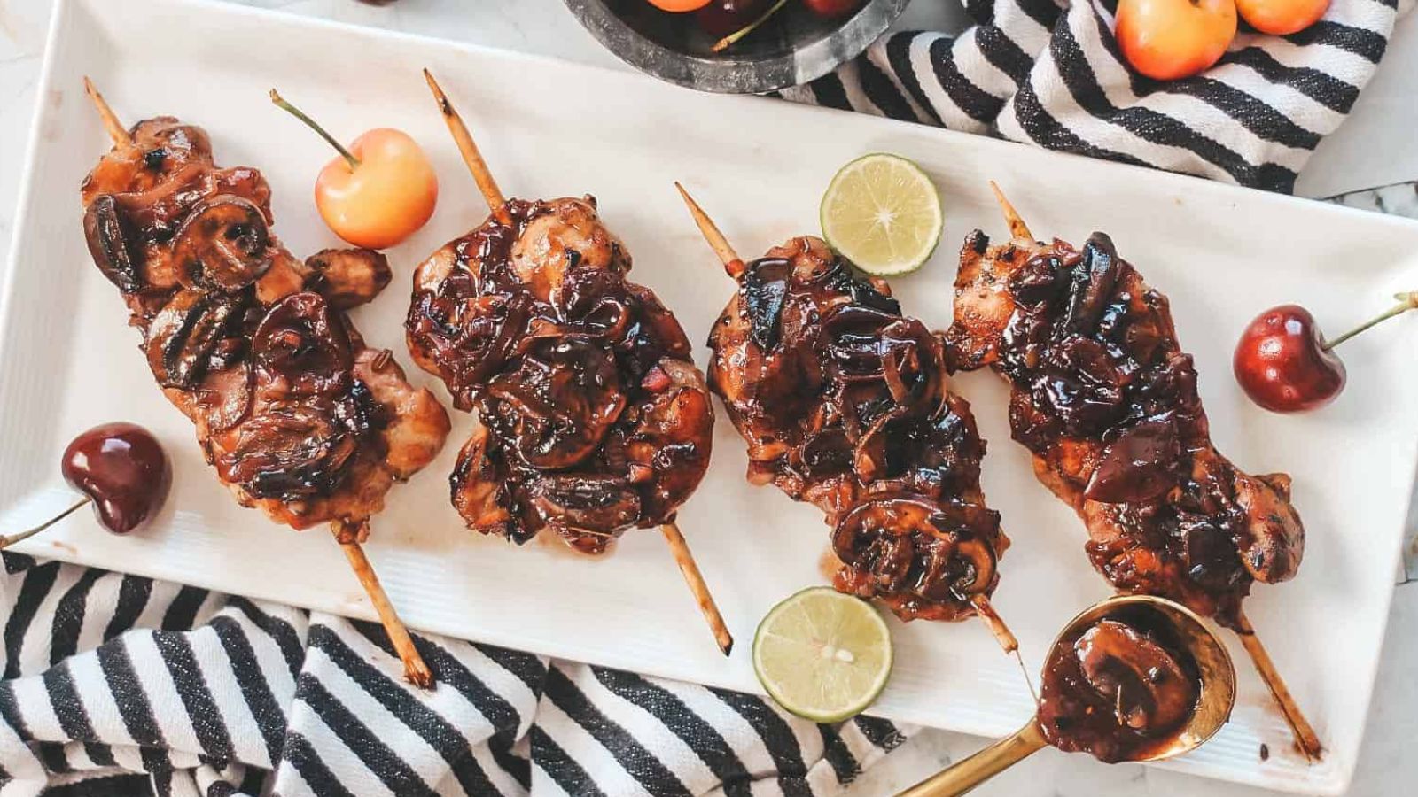 21 Cherry-licious Recipes to Try Now Cherry Balsamic Chicken Skewers by Britney Breaks Bread