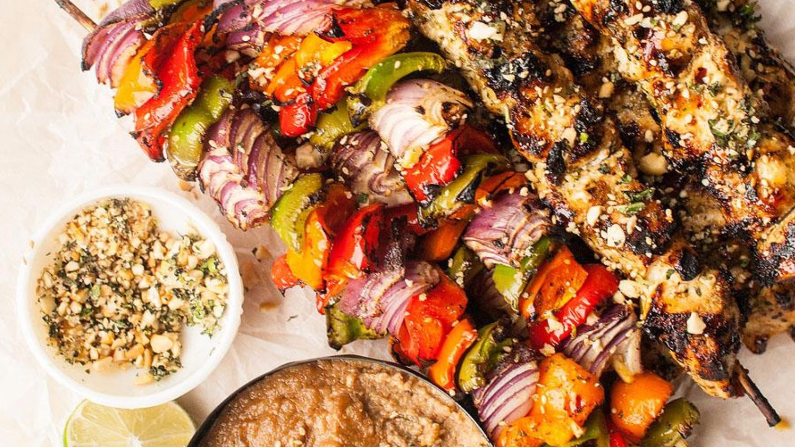 Thai Spicy Basil Chicken Skewers with Cashew Sauce and Gremolata Topping by Xoxo Bella
