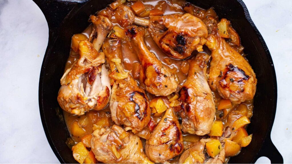 21 Lazy Chef’s One Pan Recipes One Skillet Peach Glazed Chicken Legs by My Chef's Apron