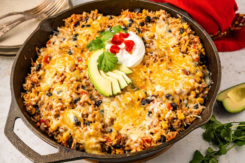 21 Lazy Chef’s One Pan Recipes Cowboy Beef and Rice Skillet by Xoxo Bella